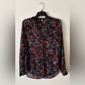 Kut from the Kloth Black Pink Teal Yellow Dark Floral Sheer Button Down Blouse